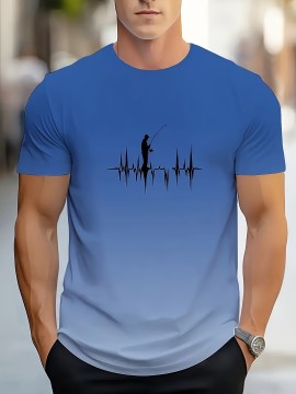 メンズ快適ブルーフィッシンググラフィックTシャツ - クイックドライポリエステル、ラウンドネック、ショートスリーブ、アンガーラシルエットデザインの夏カジュアルトップ、フィッシングアパレル | カジュアルサマータイ | ニットコンストラクション、フィッシングシャツ