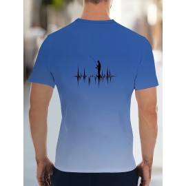メンズ快適ブルーフィッシンググラフィックTシャツ - クイックドライポリエステル、ラウンドネック、ショートスリーブ、アンガーラシルエットデザインの夏カジュアルトップ、フィッシングアパレル | カジュアルサマータイ | ニットコンストラクション、フィッシングシャツ