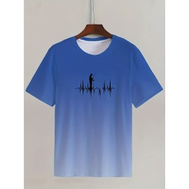 メンズ快適ブルーフィッシンググラフィックTシャツ - クイックドライポリエステル、ラウンドネック、ショートスリーブ、アンガーラシルエットデザインの夏カジュアルトップ、フィッシングアパレル | カジュアルサマータイ | ニットコンストラクション、フィッシングシャツ