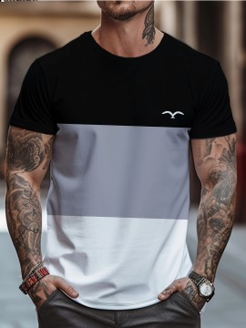メンズ クイックドライ 通気性Tシャツ - カジュアルなゆったりフィット、カラーブロックデザインとカモメのグラフィック、パーティーやギフトに最適、多目的服 | トレンディなカジュアルトップ | 光沢のある生地