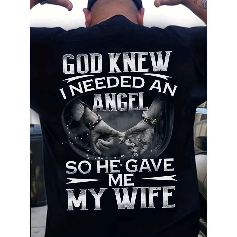 My Wife My Angel Print、Men's Graphic Design Crew Neck Novel Tシャツ、カジュアルな快適なティーシャツ、夏のためのメンズ服トップス、日常のバケーションリゾート用
