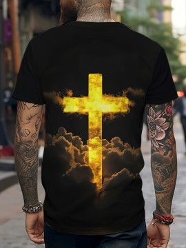 メンズカジュアルポリエステルクルーネックショートスリーブランダンプリントパウローキットトップス、レギュラーフィット、160g/m²、パーティー用