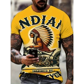 「インディアンモーターサイクル」グラフィックデザインのカジュアルなクルーネックTシャツ、ショートスリーブトップ、軽く伸びる素材、全年間で使えるレギュラーフィット