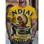 「インディアンモーターサイクル」グラフィックデザインのカジュアルなクルーネックTシャツ、ショートスリーブトップ、軽く伸びる素材、全年間で使えるレギュラーフィット