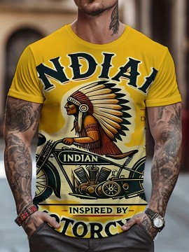 「インディアンモーターサイクル」グラフィックデザインのカジュアルなクルーネックTシャツ、ショートスリーブトップ、軽く伸びる素材、全年間で使えるレギュラーフィット