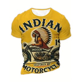 「インディアンモーターサイクル」グラフィックデザインのカジュアルなクルーネックTシャツ、ショートスリーブトップ、軽く伸びる素材、全年間で使えるレギュラーフィット