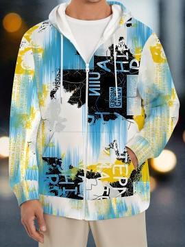 1pc メンズ 3D グラフィティプリントフーディー、カジュアルポリエステルジップアップスウェットシャツ、軽く伸びる、ニット素材、オールオーバープリントデザイン、フード付きカラー、春/秋用のレギュラーフィット