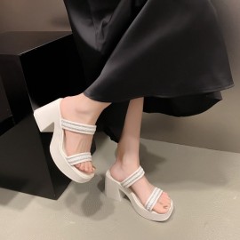 夏用厚底ハイヒールサンダル、高品質プラットフォーム、多機能フレンチフェアリースタイルのチャンキーヒールスライド