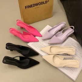レディース スリップオン ミッドヒール サンダル - ポインテッドトゥ バックレスデザイン、フレアヒール、PUカバーアッパー＆ラバーソール、ベージュ 新作サマーファッション パンプス カジュアル＆フォーマル用イブニングシューズ | ポインテッドトゥ フットウェア | 耐久性のあるソール シューズ、高ヒールサンダル