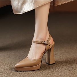 エレガントな尖ったトゥプラットフォームハイヒール女性用 - シックな厚いヒールとアンクルストラップ、オープントゥデザイン、ベージュカバー、そしてゴムソール - 夏のファッションに最適