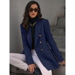 1pc エレガントなナビーブルーダブルブレストブラジャー レディース用 - ポリエステル製の長袖ルーズフィットソリッドカラーのカジュアルジャケット、レギュラースリーブ、織り入りのポリエステル裏地、防水なし - 春/秋のファッション