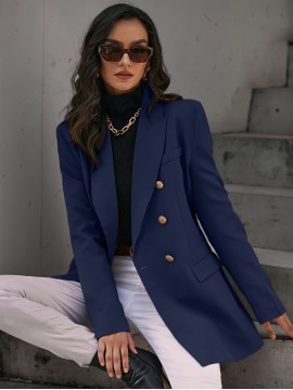 1pc エレガントなナビーブルーダブルブレストブラジャー レディース用 - ポリエステル製の長袖ルーズフィットソリッドカラーのカジュアルジャケット、レギュラースリーブ、織り入りのポリエステル裏地、防水なし - 春/秋のファッション