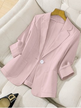 エレガントなライトブルーの女性用ブレザー - シックなポリエステル製シングルブレストジャケット、ポケット付き、長袖、洗濯機可 春夏用、オフィスカジュアルブレザー | ノッチカラーブレザー | ポリエステル生地