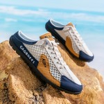 メンズ通気性メッシュハーフトップシューカバー、滑り止めゴムソール付き - スタイリッシュなブルー&イエローデザイン、丸いトゥ、カジュアルな衣装、ハイキング&アウトドアアクティビティ、日焼け止め、滑り止めスタイルに最適