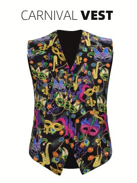メンズカーニバルバーシティベスト - マスク＆ビーズの鮮やかなマルディグラプリント、深いVネックノースリーブデザイン、洗濯機対応パーティー衣装、フェスティブイベント用カーニバルアウトフィット｜フェザーディテール