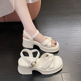シックな女性用ノットデザインのチャンキーヒールサンダル - 快適なオープントゥプラットフォームシューズ、バックルストラップ付き、フェイクカバー